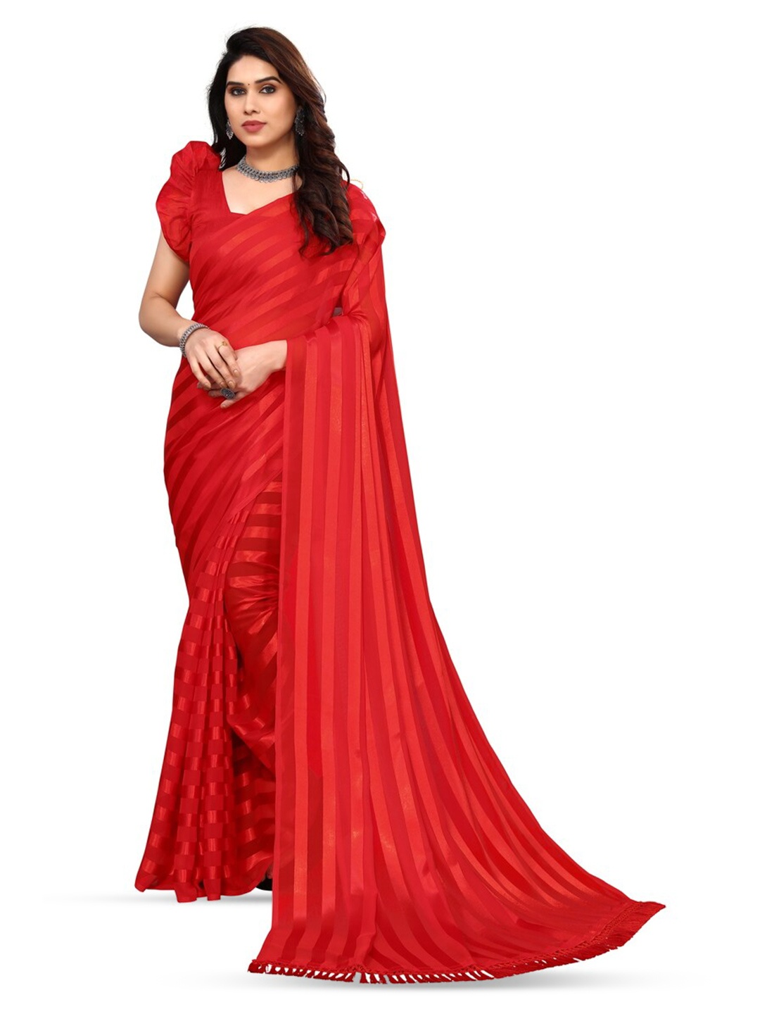 

ANAND SAREES Striped Printed Satin Saree, Red