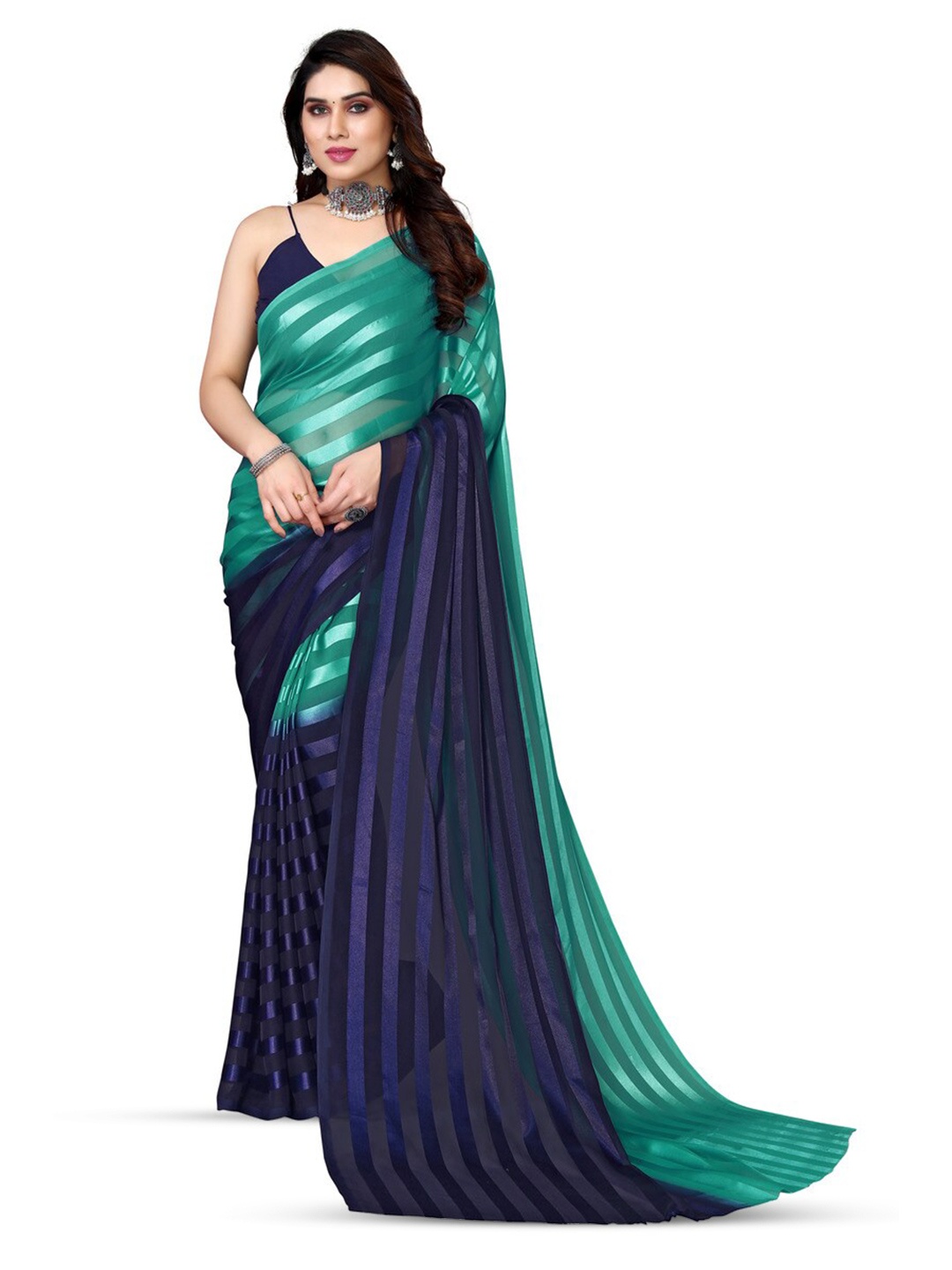 

Moda Rapido Striped Printed Satin Saree, Blue