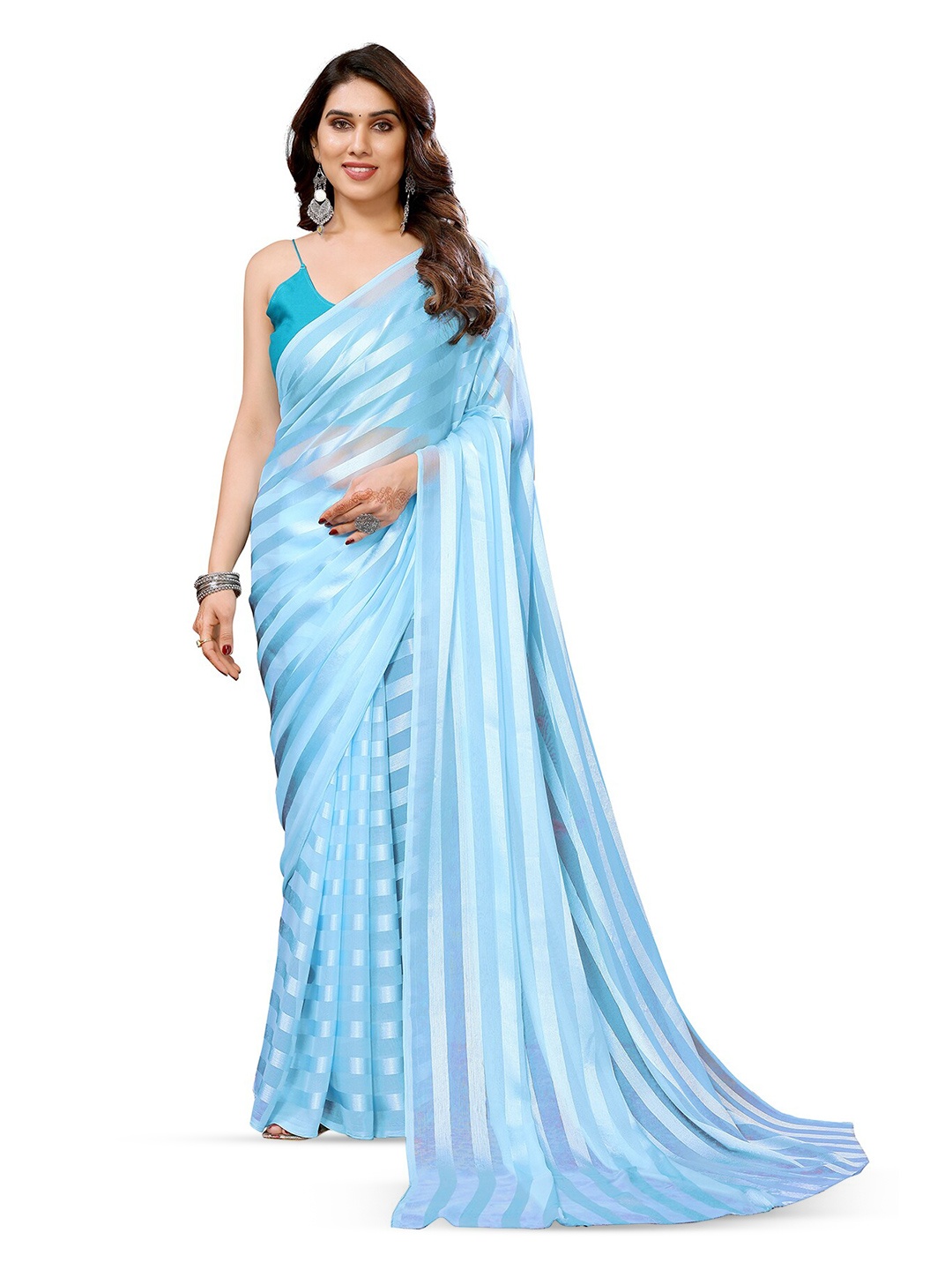 

ANAND SAREES Striped Satin Saree, Blue