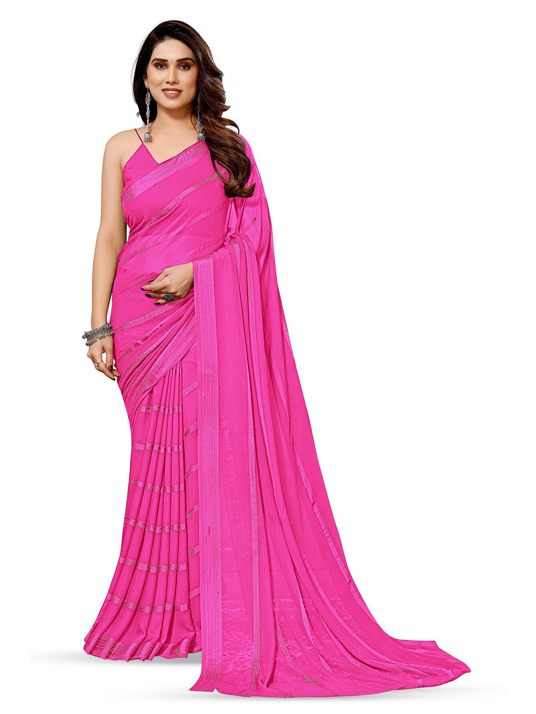 

Moda Rapido Striped Satin Saree, Pink