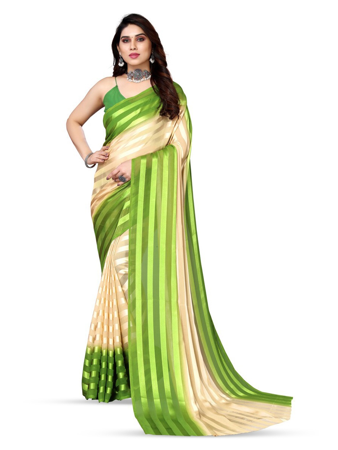 

ANAND SAREES Striped Satin Saree, Green