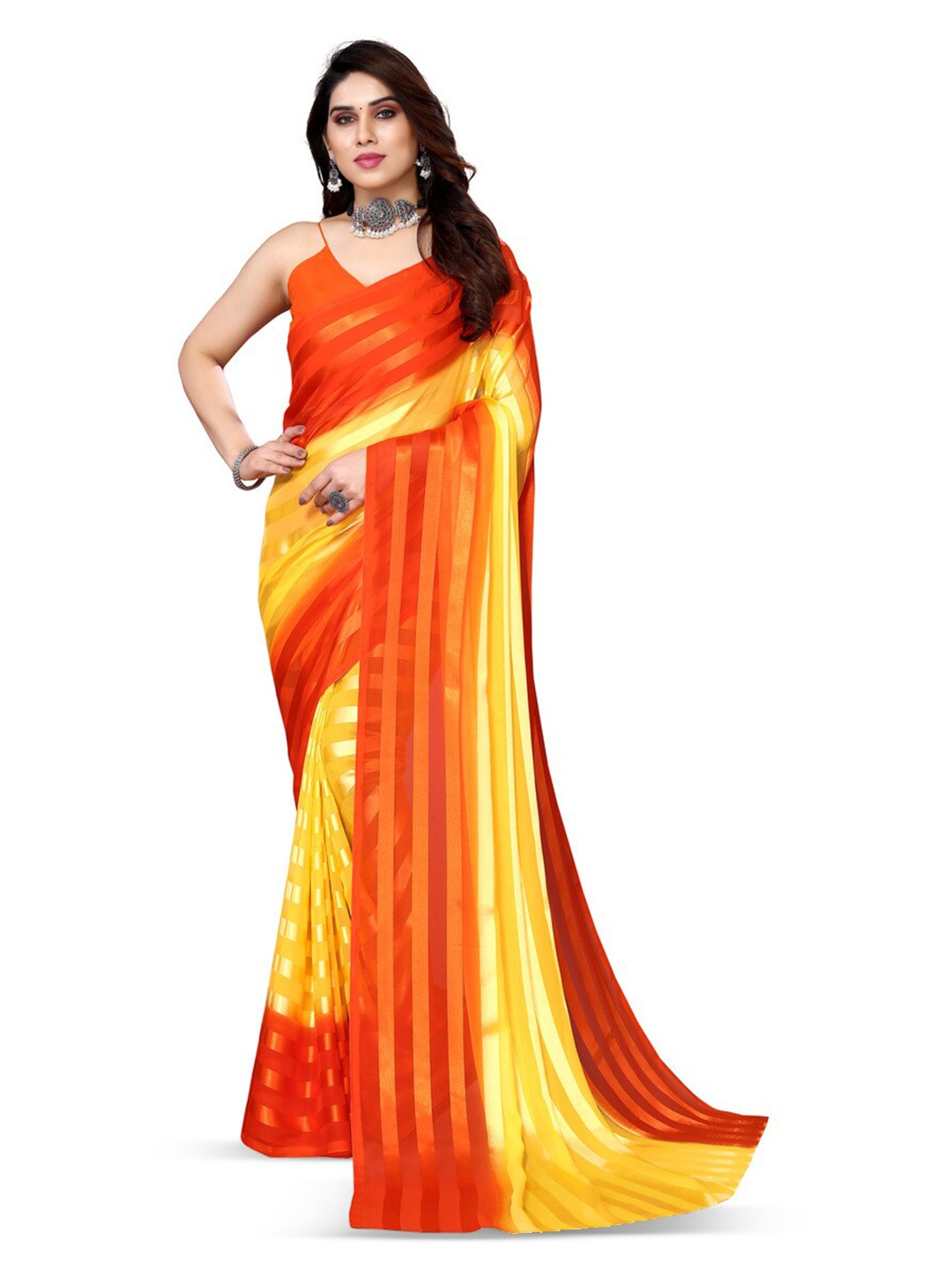 

Moda Rapido Striped Satin Saree, Yellow