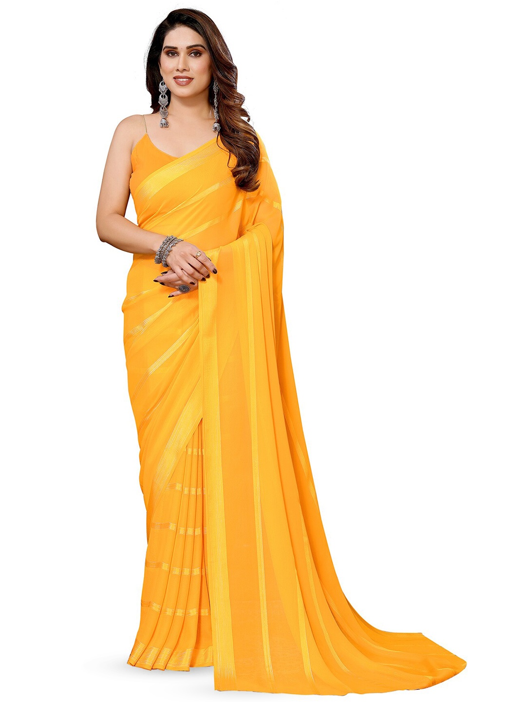 

Moda Rapido Striped Satin Saree, Yellow