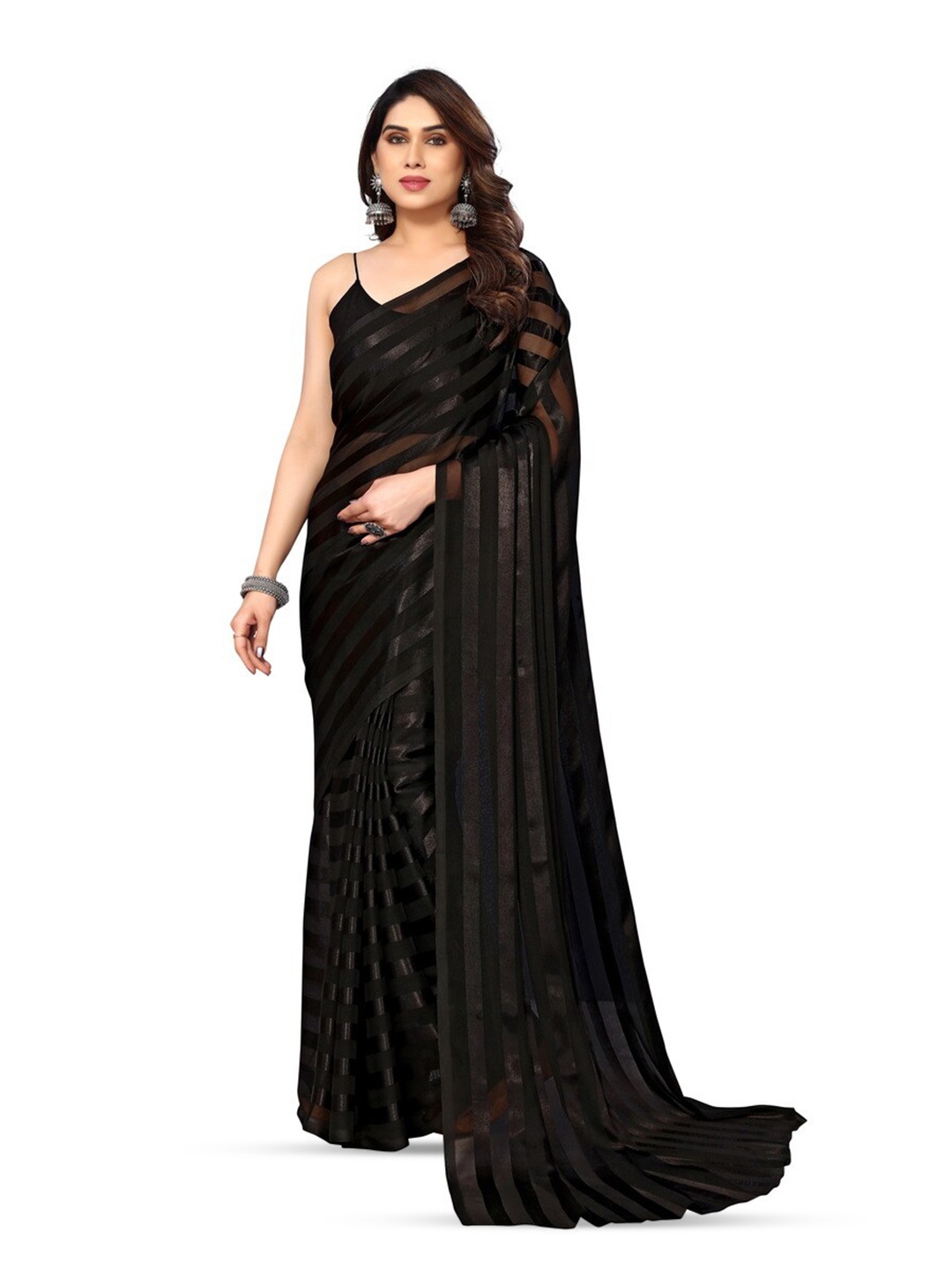 

Moda Rapido Striped Satin Saree, Black