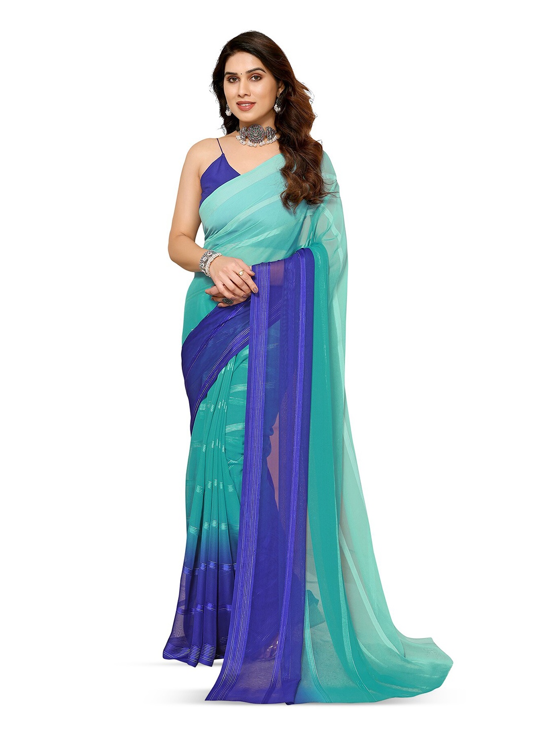 

ANAND SAREES Striped Satin Saree, Blue