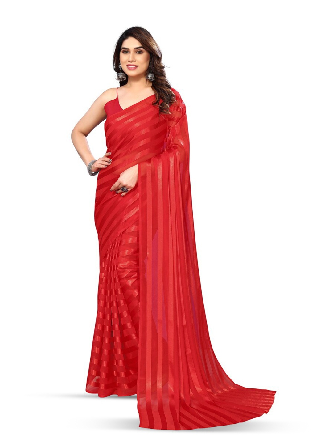 

Moda Rapido Striped Satin Saree, Red