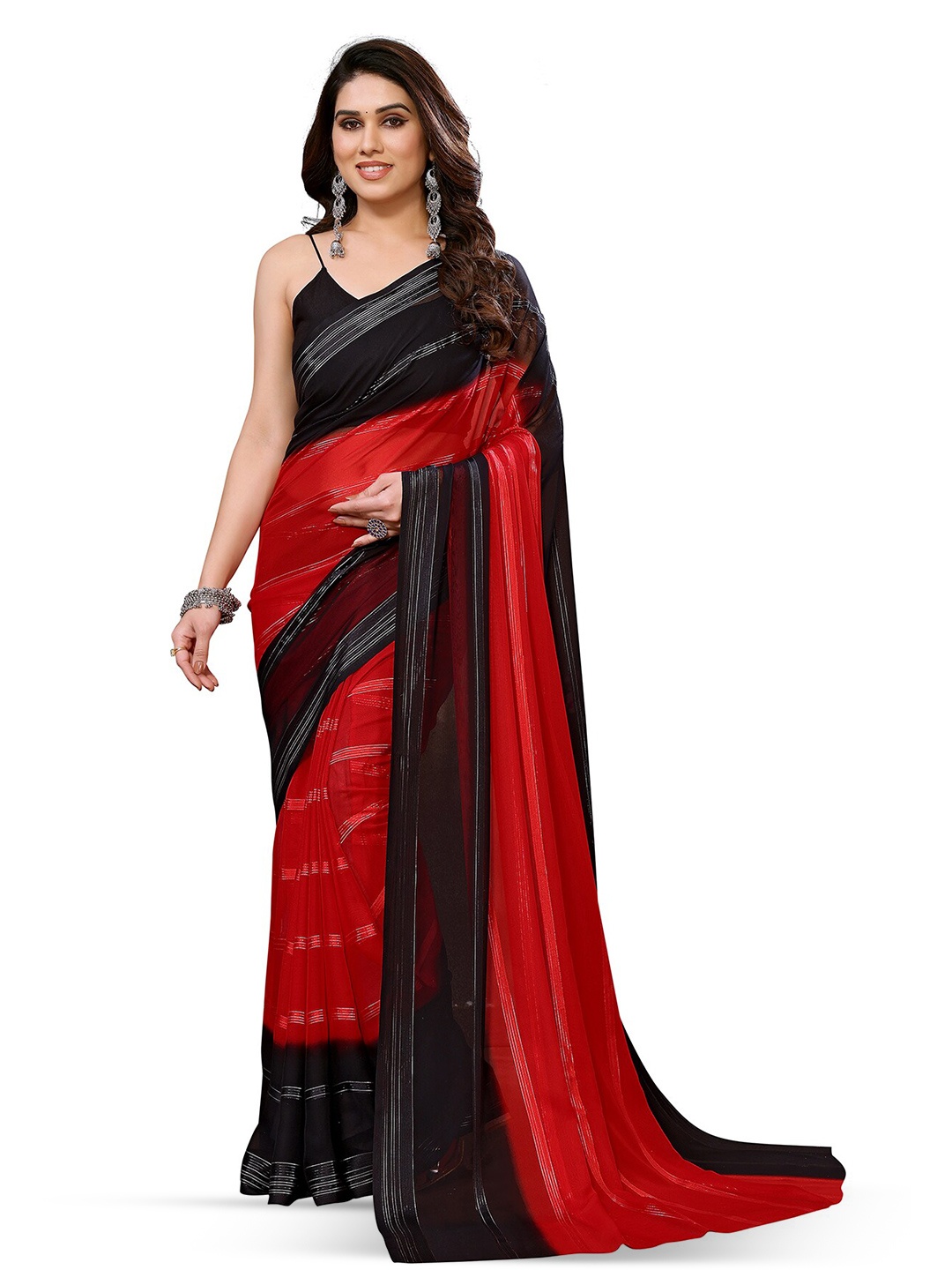 

Moda Rapido Striped Satin Saree, Red