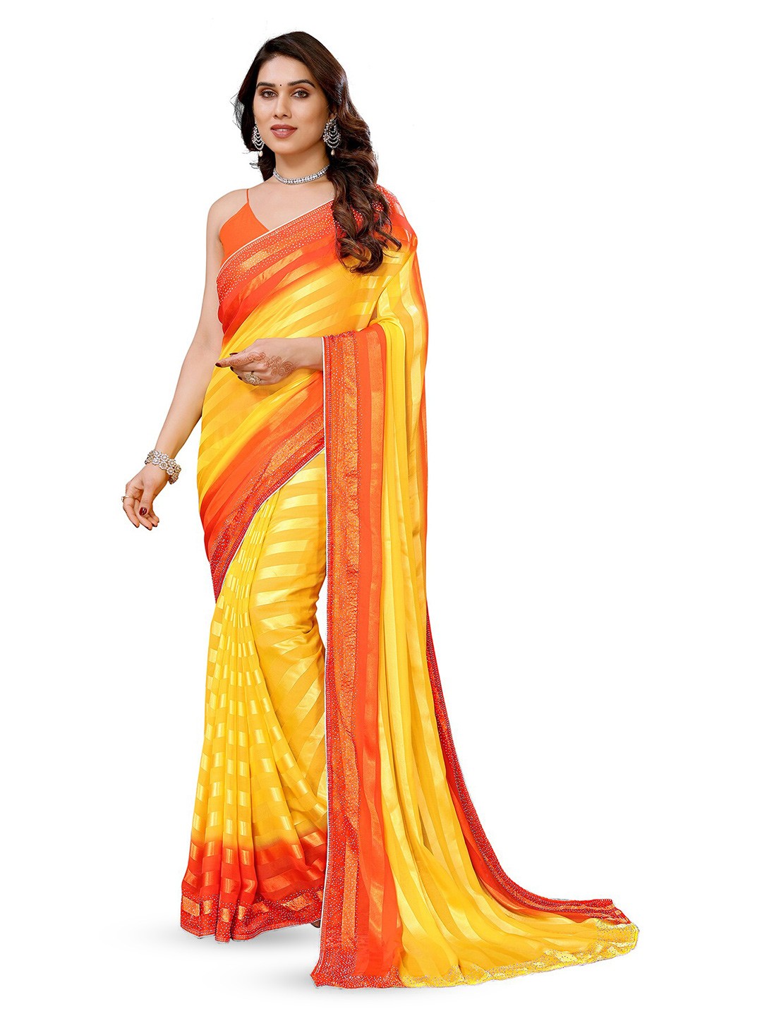 

ANAND SAREES Striped Satin Saree, Yellow