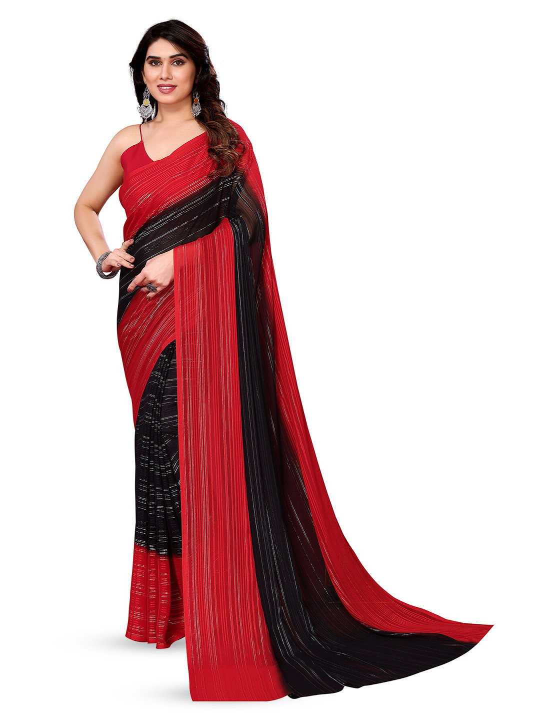 

ANAND SAREES Striped Printed Saree, Red