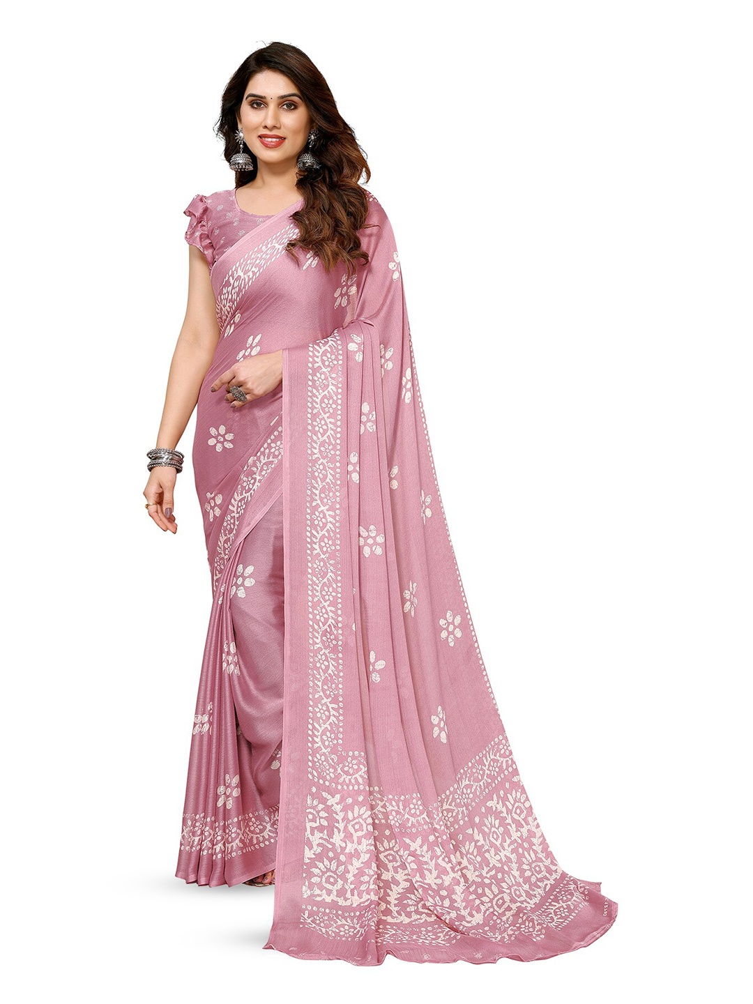 

ANAND SAREES Floral Black Print Saree, Pink