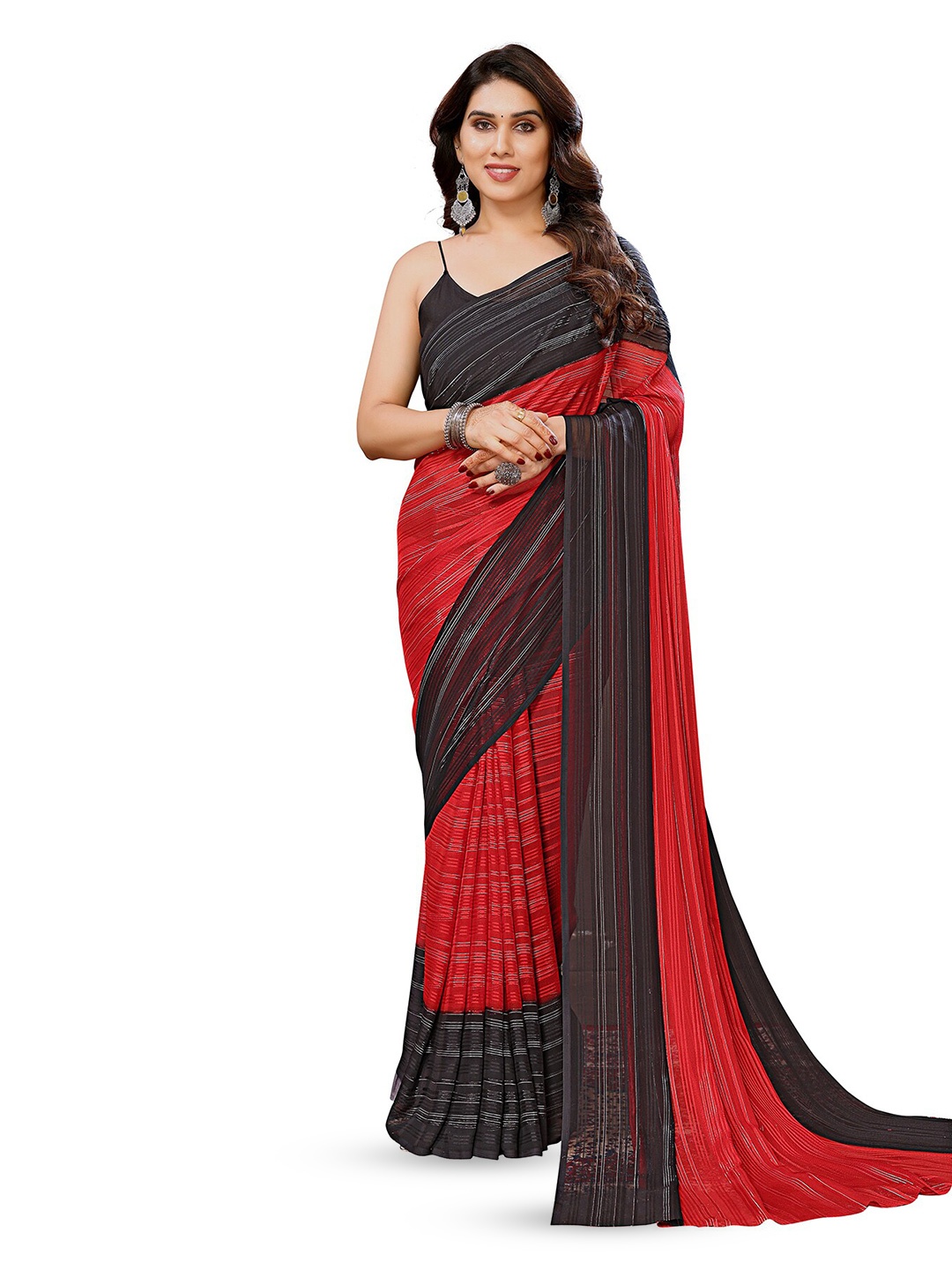 

ANAND SAREES Striped Printed Saree, Red