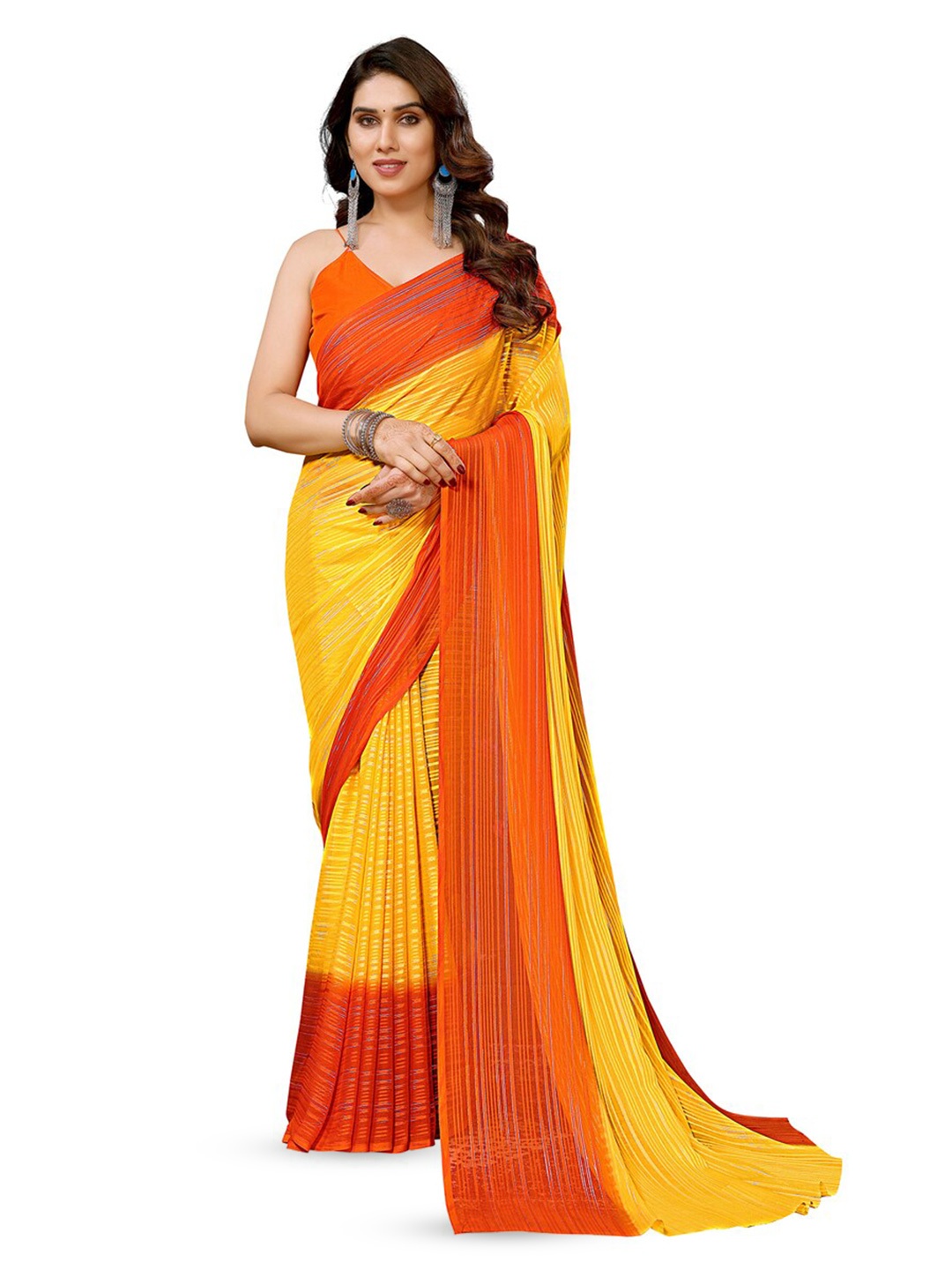 

ANAND SAREES Striped Printed Satin Saree, Orange