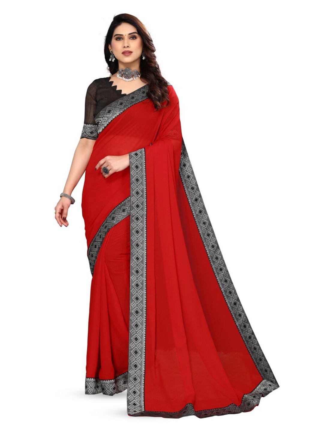 

ANAND SAREES Geometric Embroidered Saree, Red