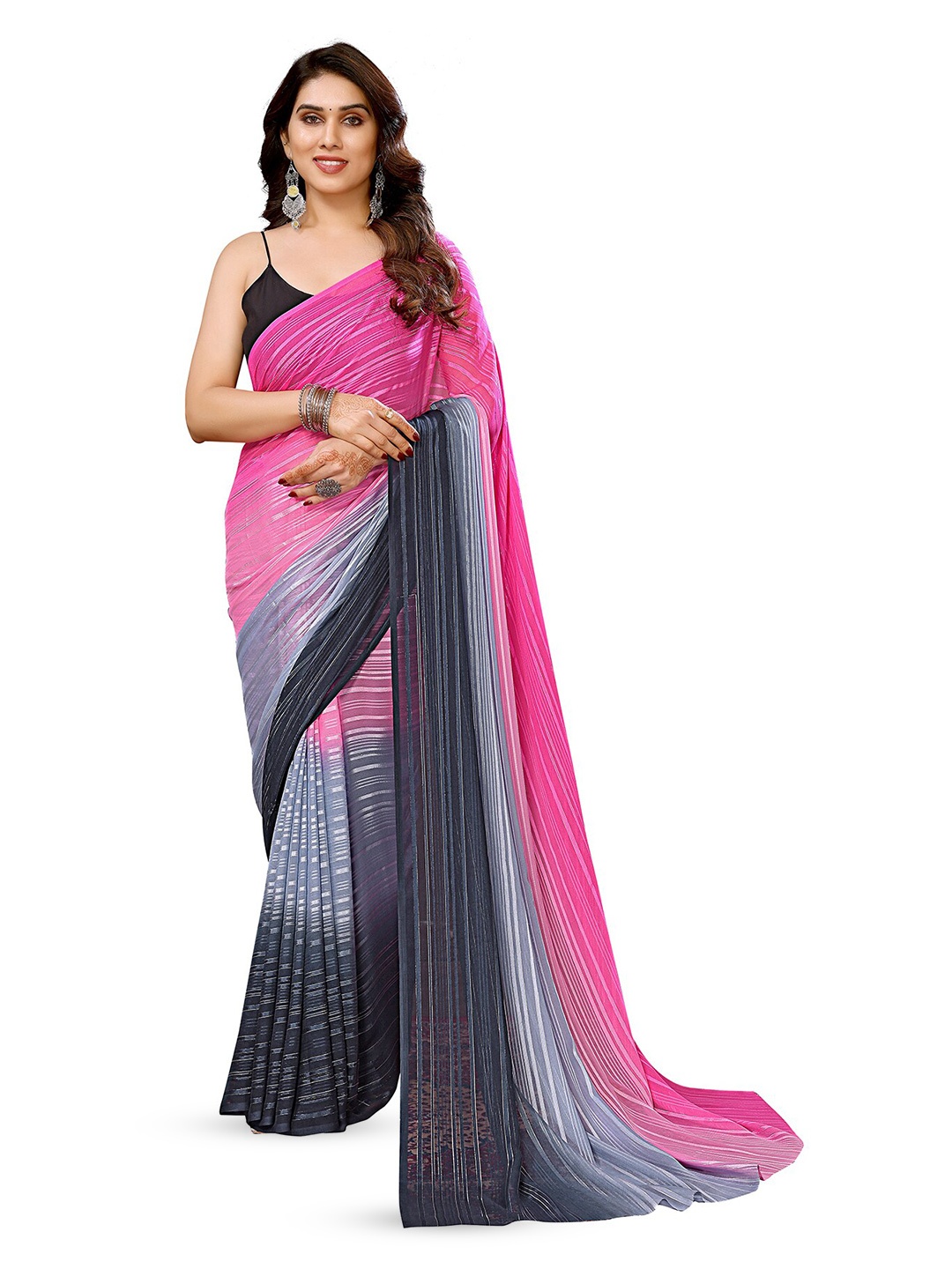 

Moda Rapido Striped Printed Satin Saree, Pink