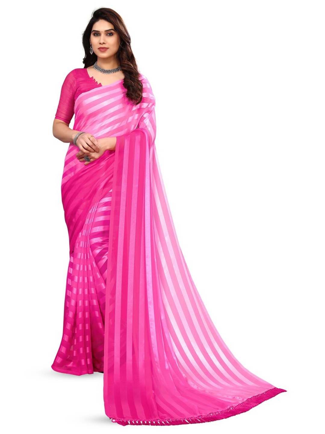 

ANAND SAREES Striped Printed Satin Saree, Pink