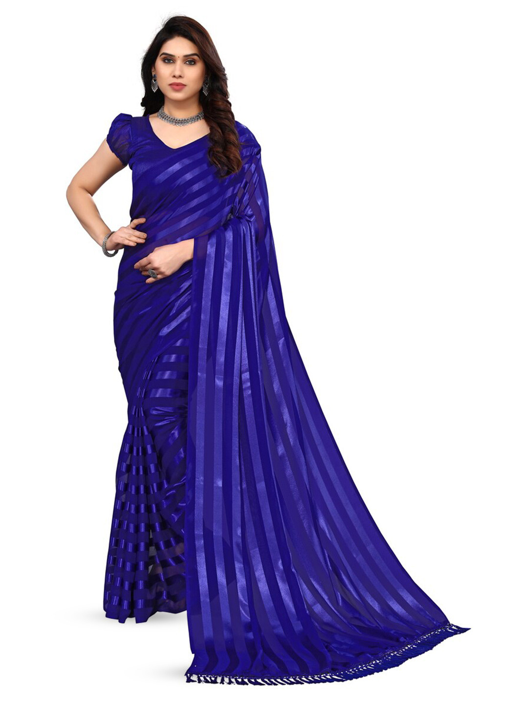 

ANAND SAREES Striped Printed Satin Saree, Blue