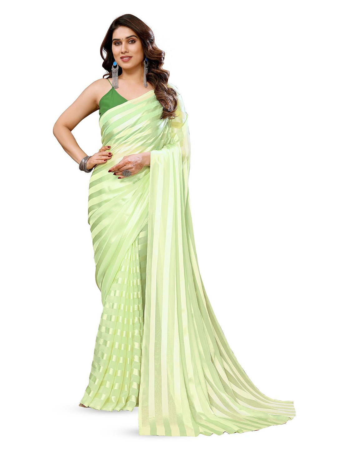 

ANAND SAREES Striped Printed Satin Saree, Green