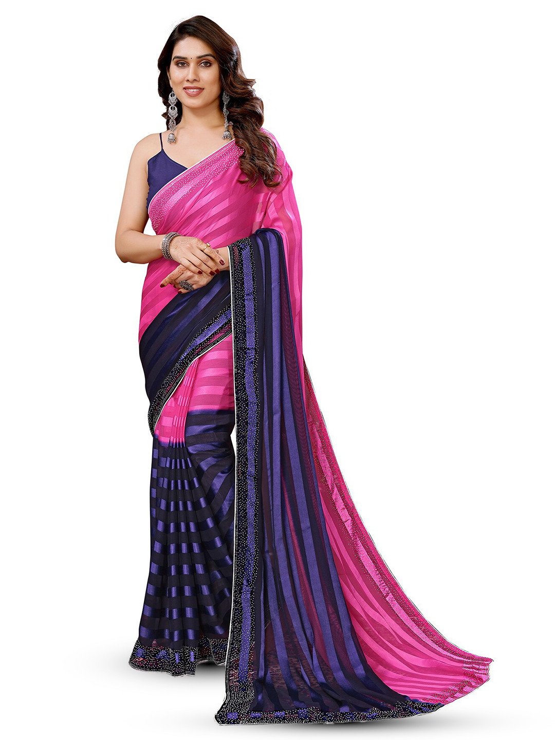 

ANAND SAREES Striped Satin Saree, Pink