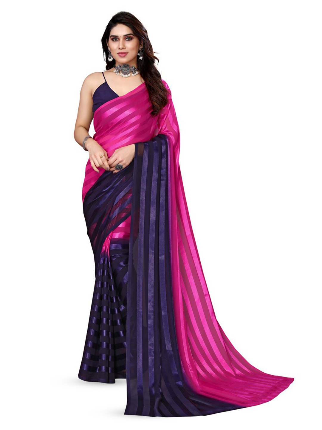 

Moda Rapido Striped Satin Saree, Pink