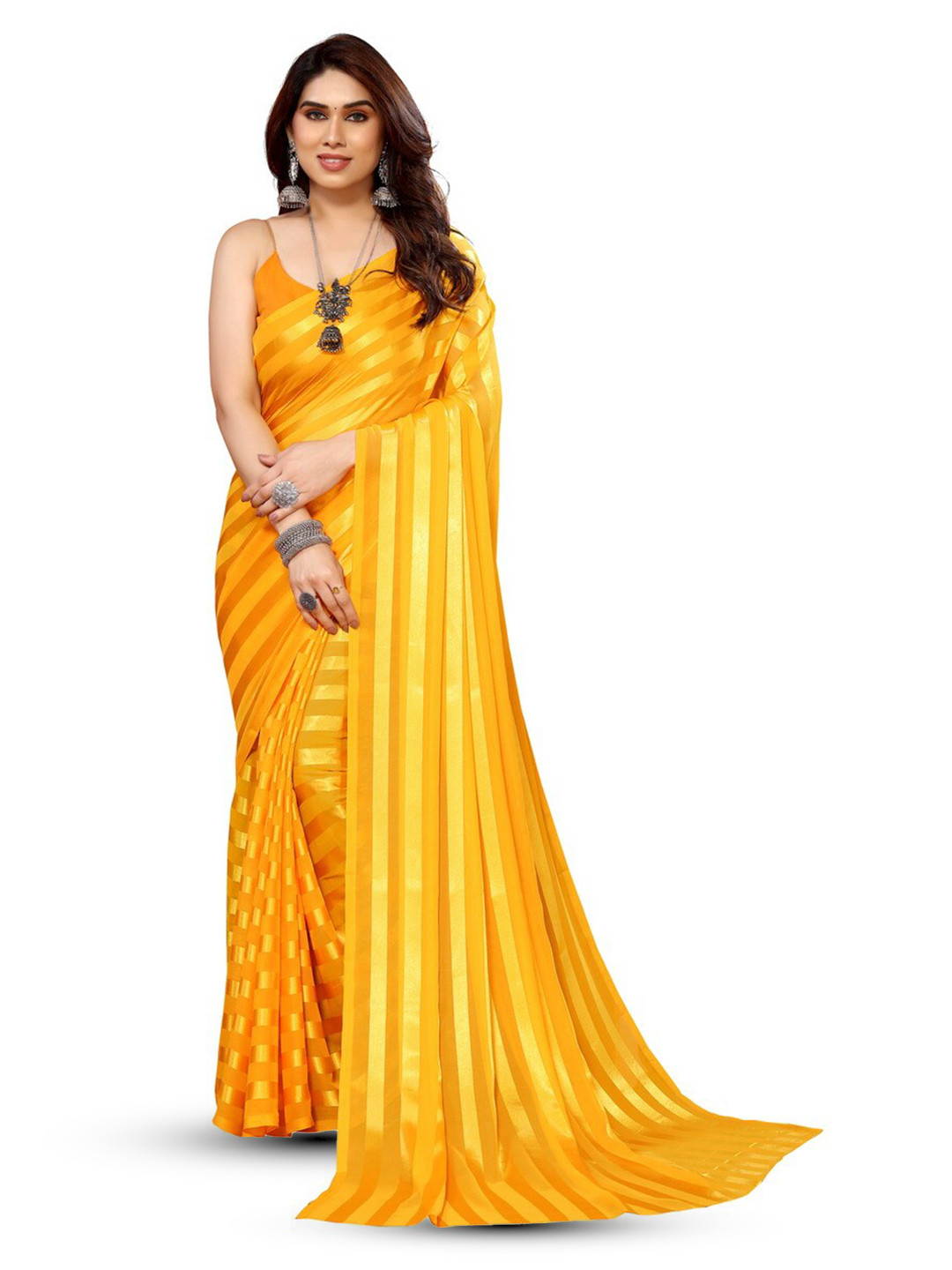 

Moda Rapido Striped Satin Saree, Yellow