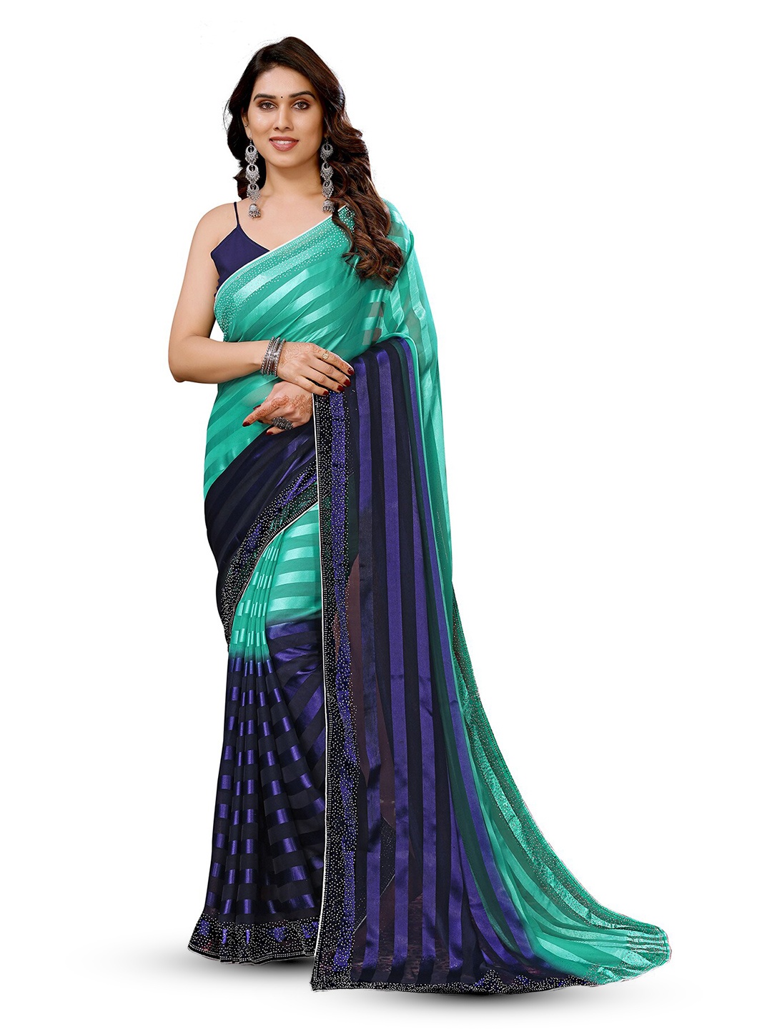 

ANAND SAREES Striped Satin Saree, Blue