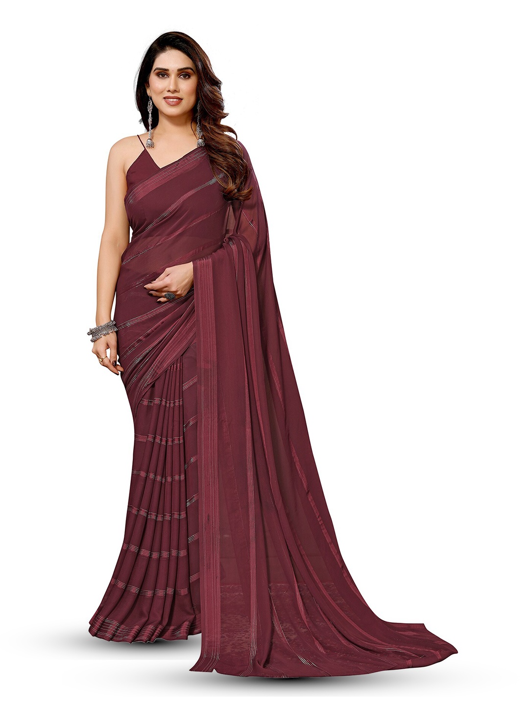 

Moda Rapido Striped Satin Saree, Maroon