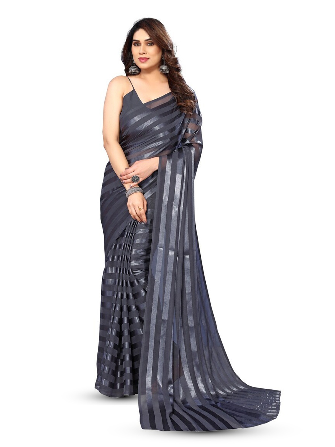 

Moda Rapido Striped Satin Saree, Grey