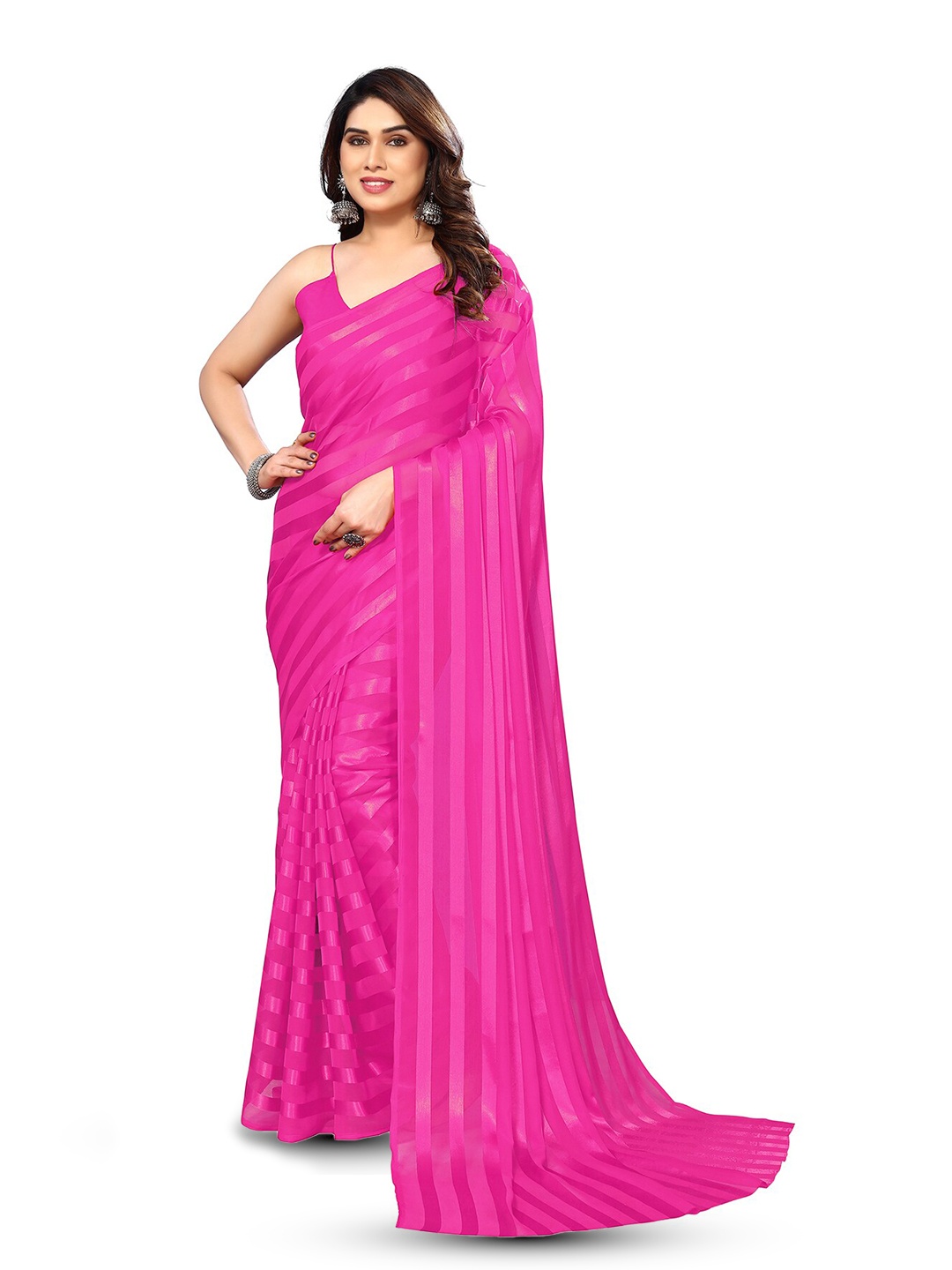 

ANAND SAREES Striped Printed Satin Saree, Pink