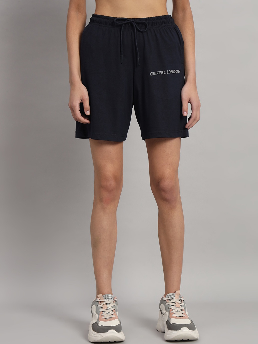 

GRIFFEL Women High-Rise Cotton Sports Shorts, Navy blue