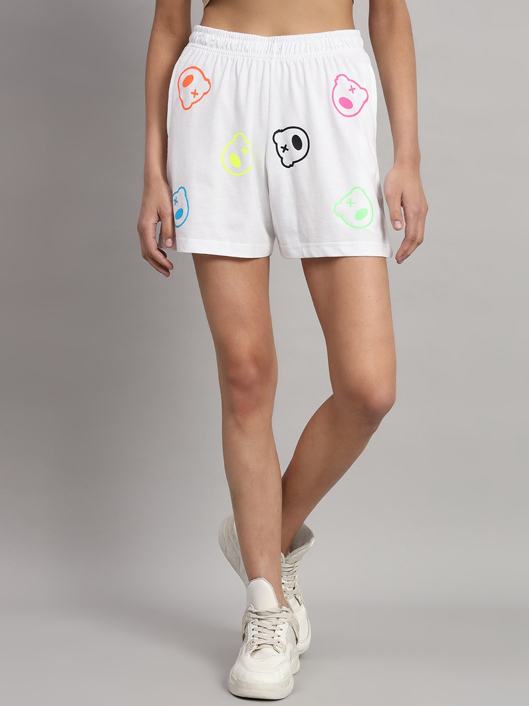 

GRIFFEL Women Graphic Printed High-Rise Cotton Shorts, White