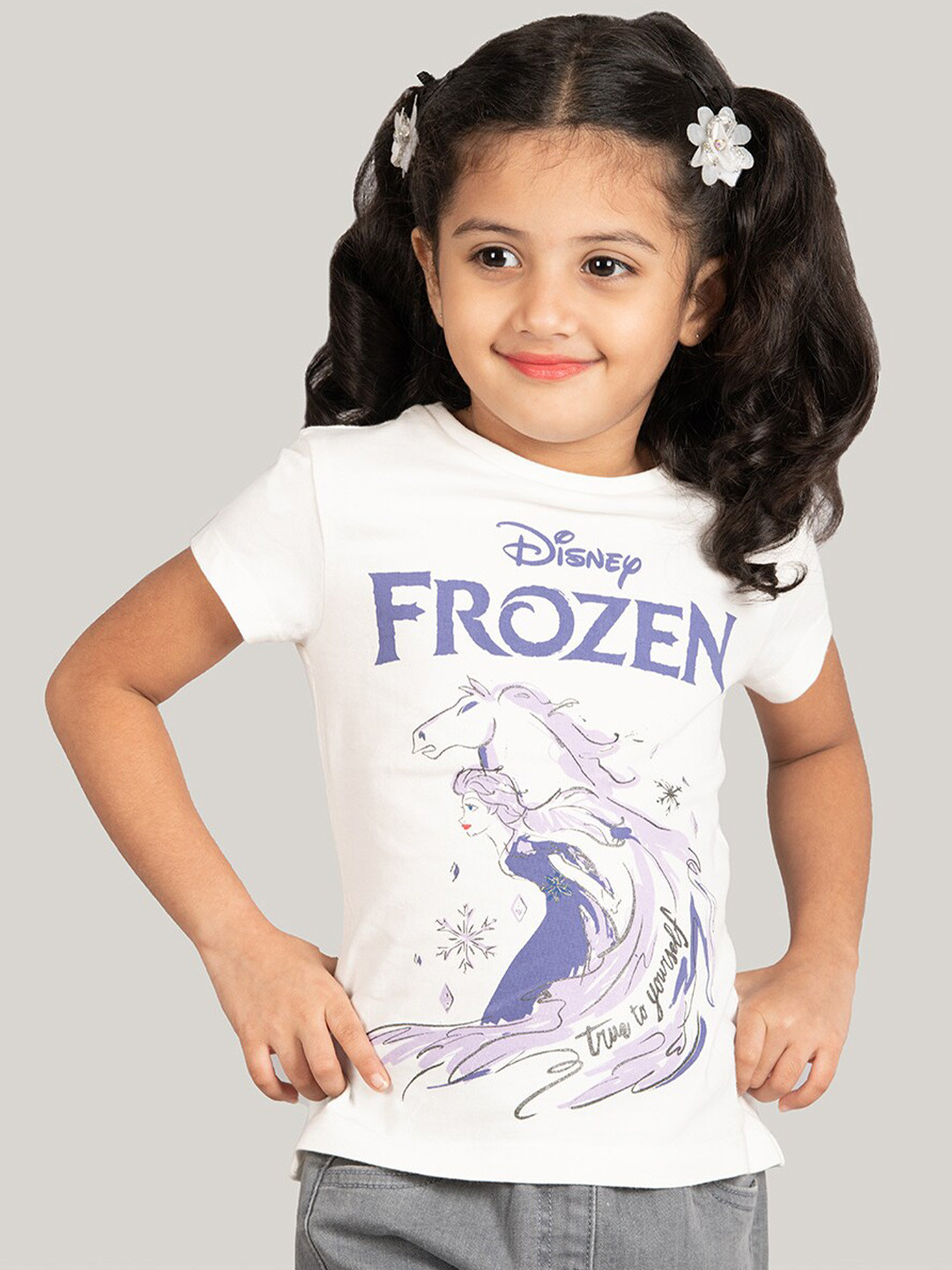 

Zalio Girls Printed Round Neck Short Sleeves Cotton Regular Fit T-shirt, Off white