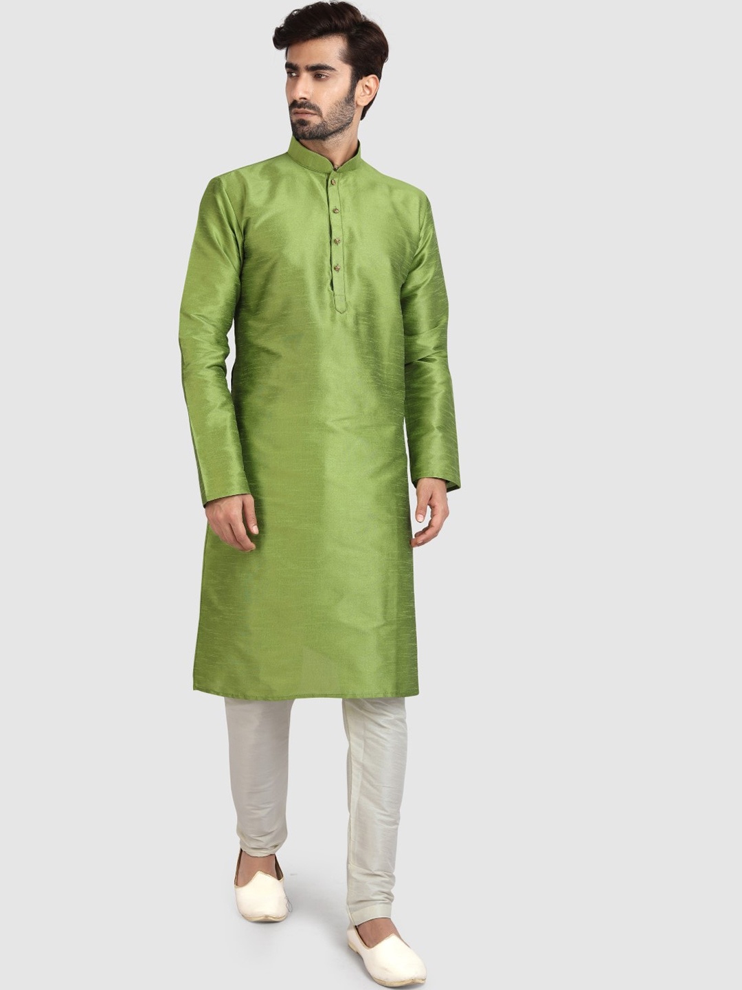 

Indian Poshakh Mandarin Collar Art Silk Straight Kurta with Pyjamas, Green