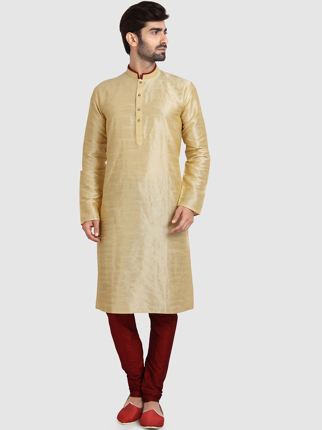 

Indian Poshakh Mandarin Collar Art Silk Straight Kurta with Pyjamas, Beige