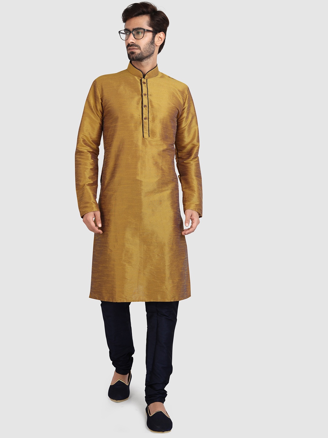 

Indian Poshakh Mandarin Collar Art Silk Straight Kurta with Pyjamas, Gold