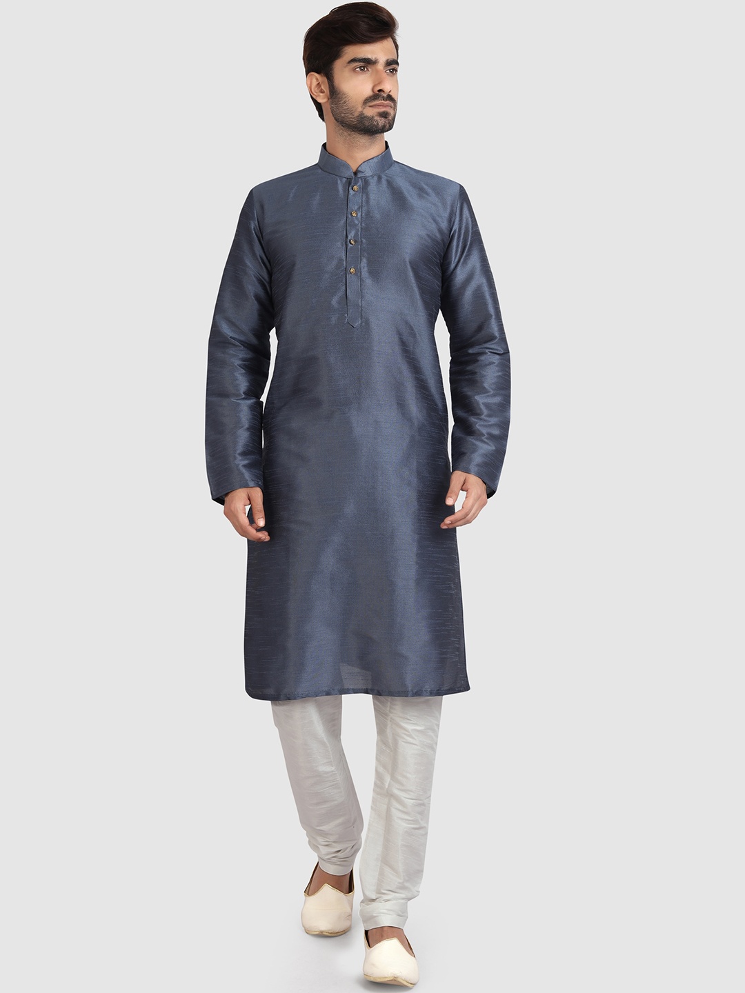 

Indian Poshakh Mandarin Collar Art Silk Straight Kurta with Pyjamas, Grey