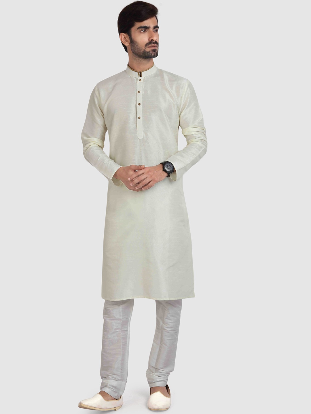 

Indian Poshakh Mandarin Collar Straight Kurta with Pyjamas, Cream