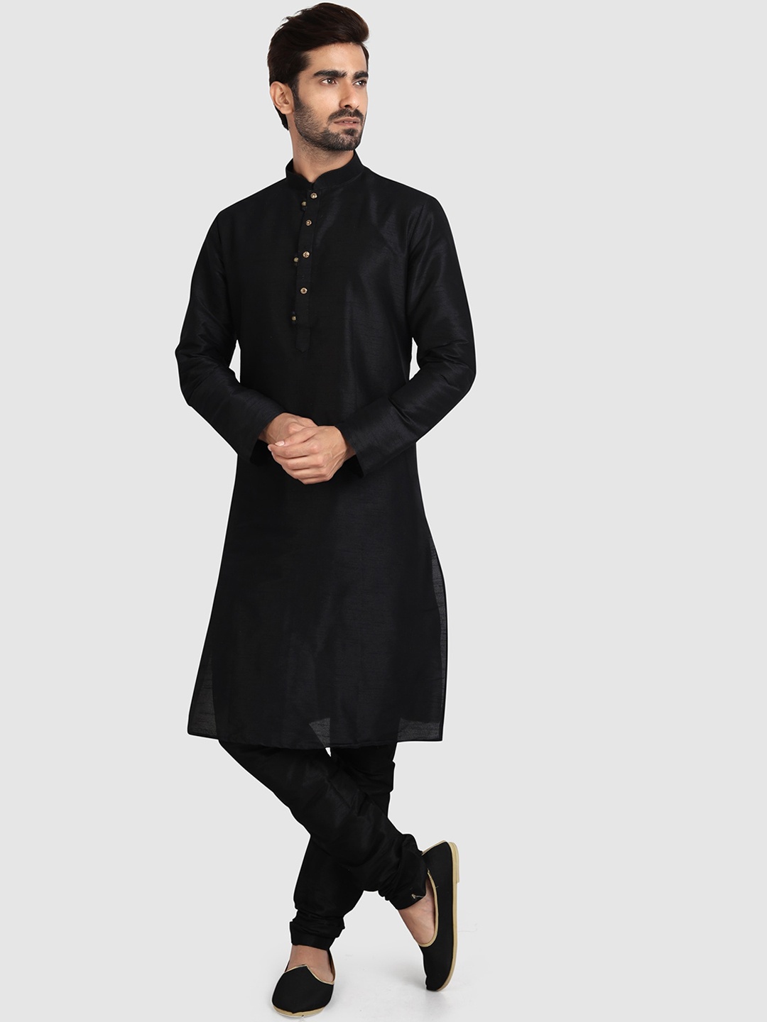 

Indian Poshakh Mandarin Collar Straight Kurta with Churidar, Black