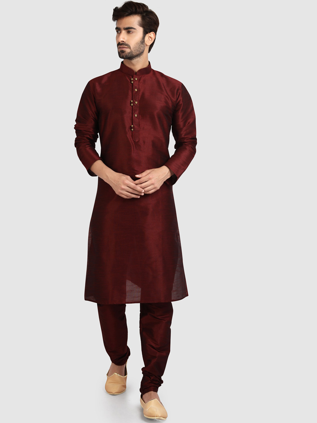 

Indian Poshakh Mandarin Collar Straight Kurta with Pyjamas, Maroon