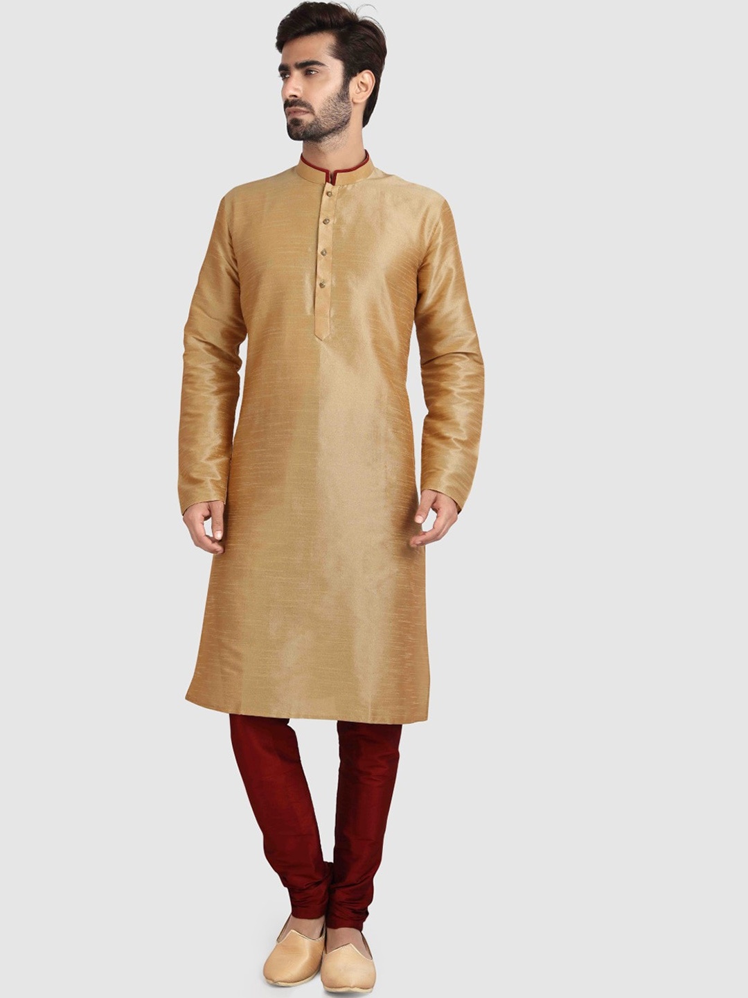 

Indian Poshakh Mandarin Collar Straight Kurta with Churidar, Gold