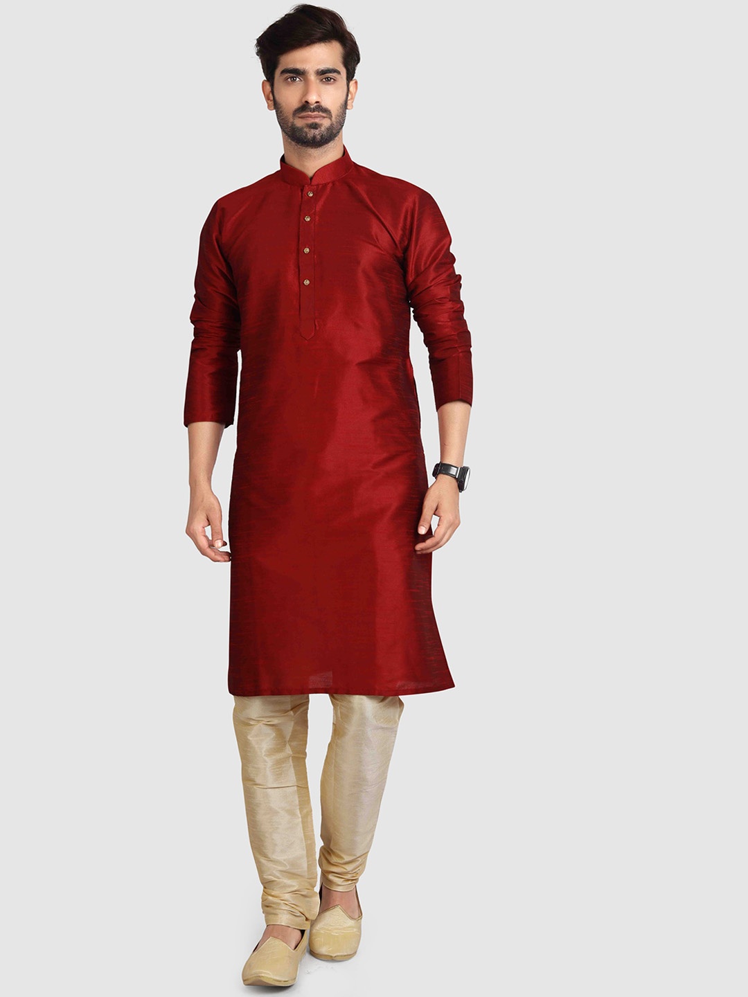 

Indian Poshakh Mandarin Collar Straight Kurta with Churidar, Maroon