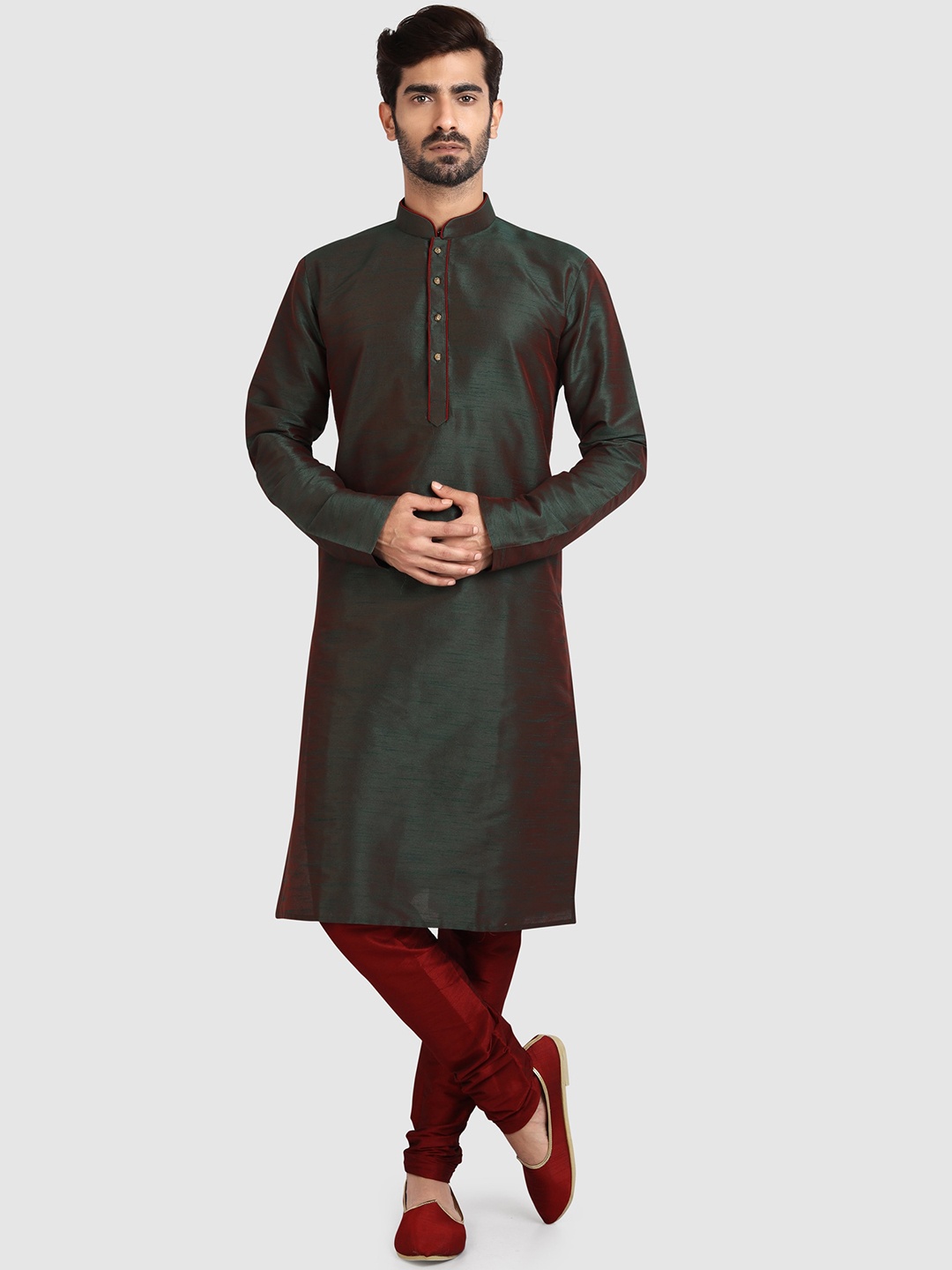 

Indian Poshakh Mandarin Collar Straight Kurta with Churidar, Green