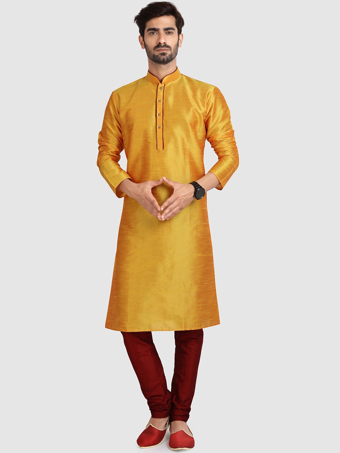 

Indian Poshakh Mandarin Collar Straight Kurta with Pyjamas, Yellow