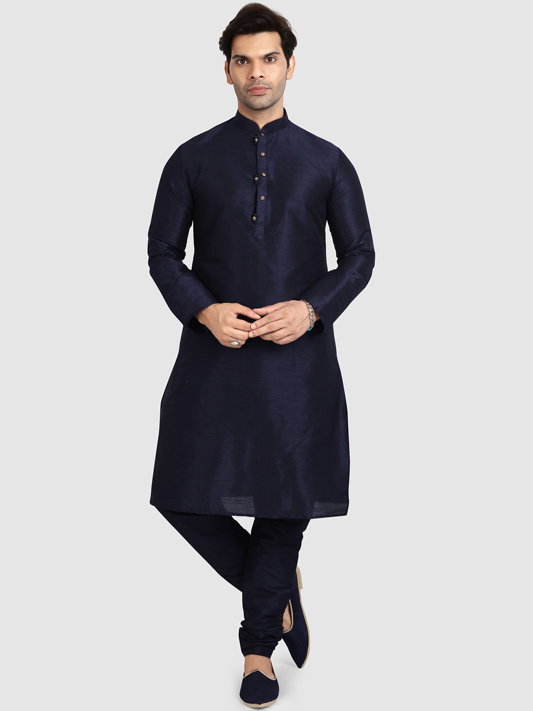 

Indian Poshakh Mandarin Collar Straight Kurta with Churidar, Navy blue