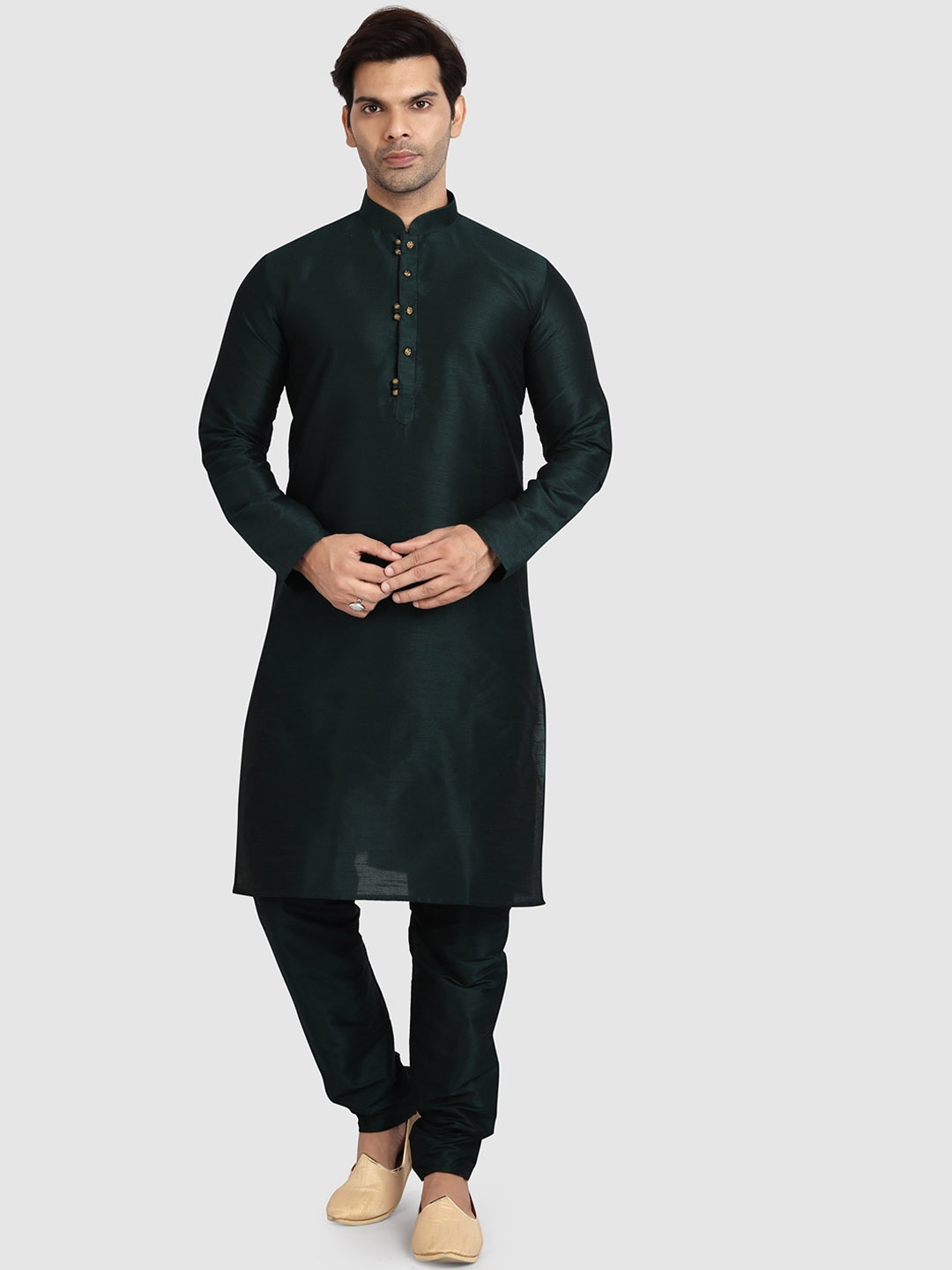 

Indian Poshakh Mandarin Collar Straight Kurta with Pyjamas, Green
