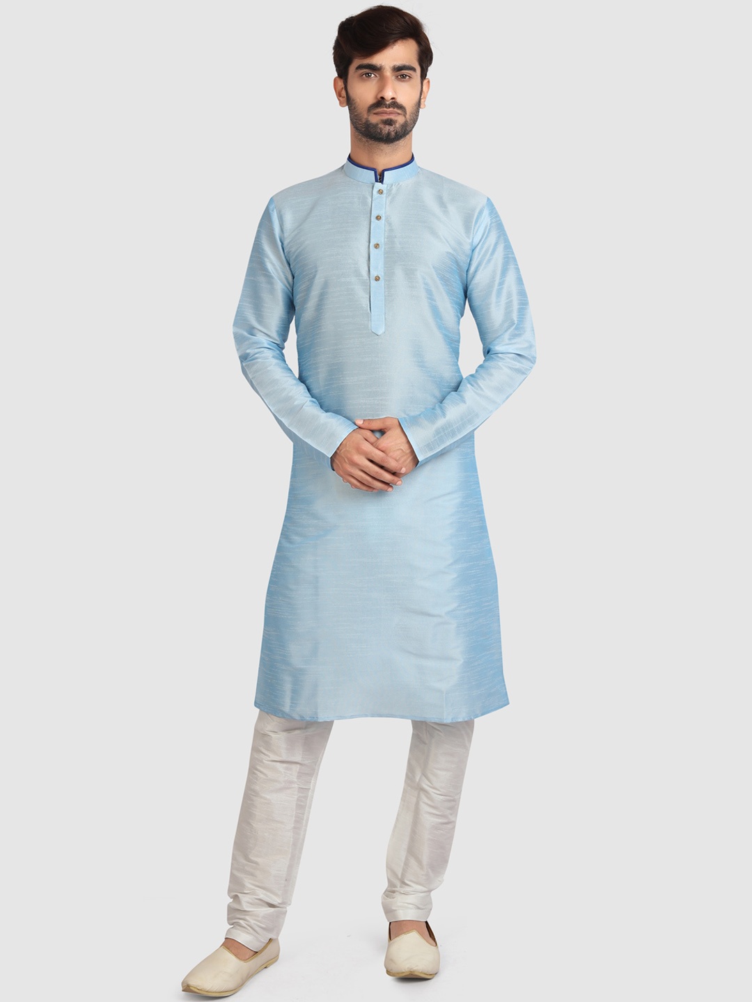 

Indian Poshakh Mandarin Collar Straight Kurta with Pyjamas, Blue