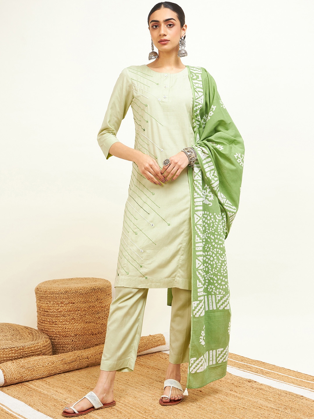 

STADO Striped Embroidered Straight Pure Cotton Kurta With Trousers & Dupatta, Sea green