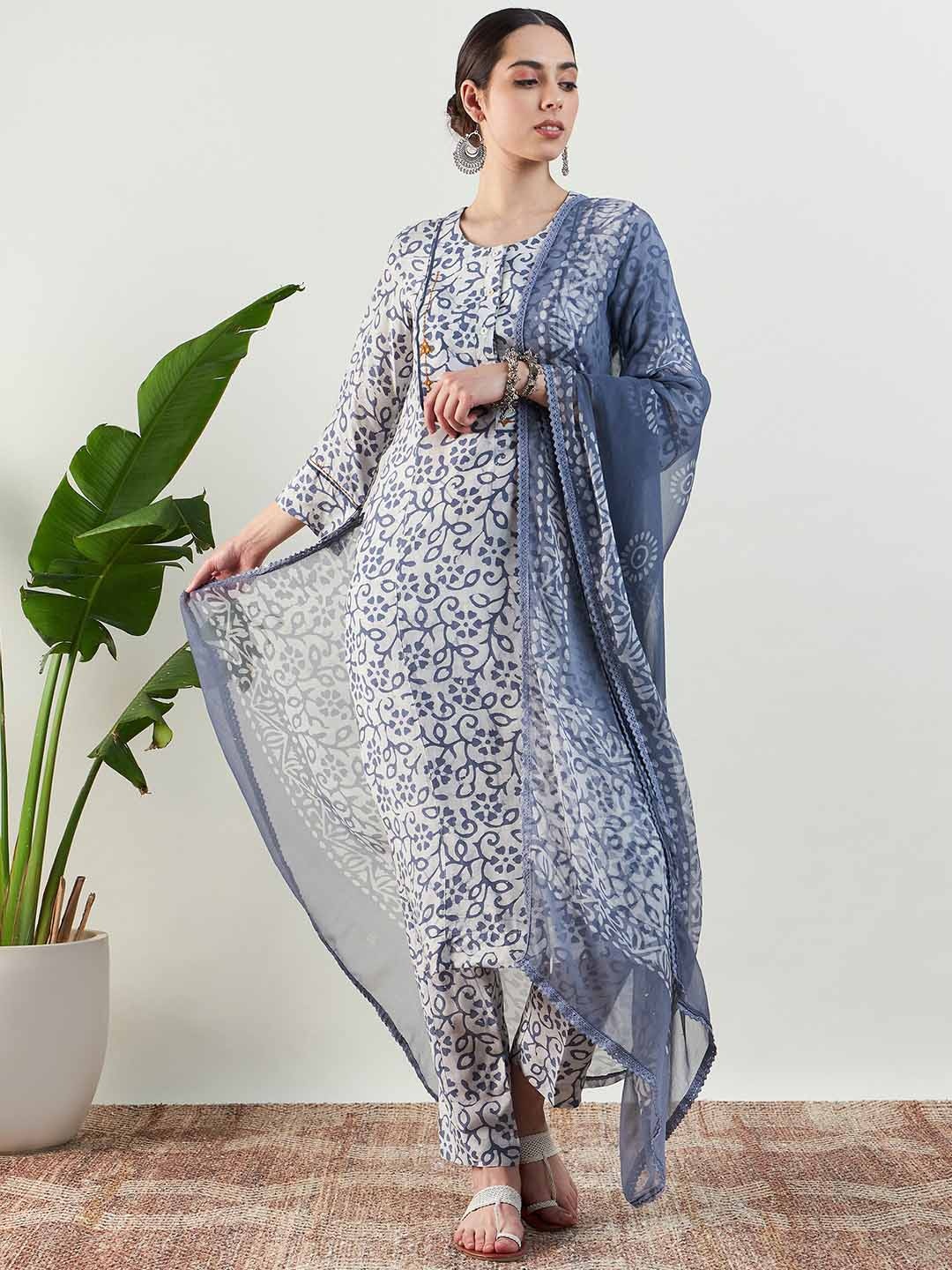 

STADO Floral Printed Straight Pure Cotton Kurta With Trousers & Dupatta, White