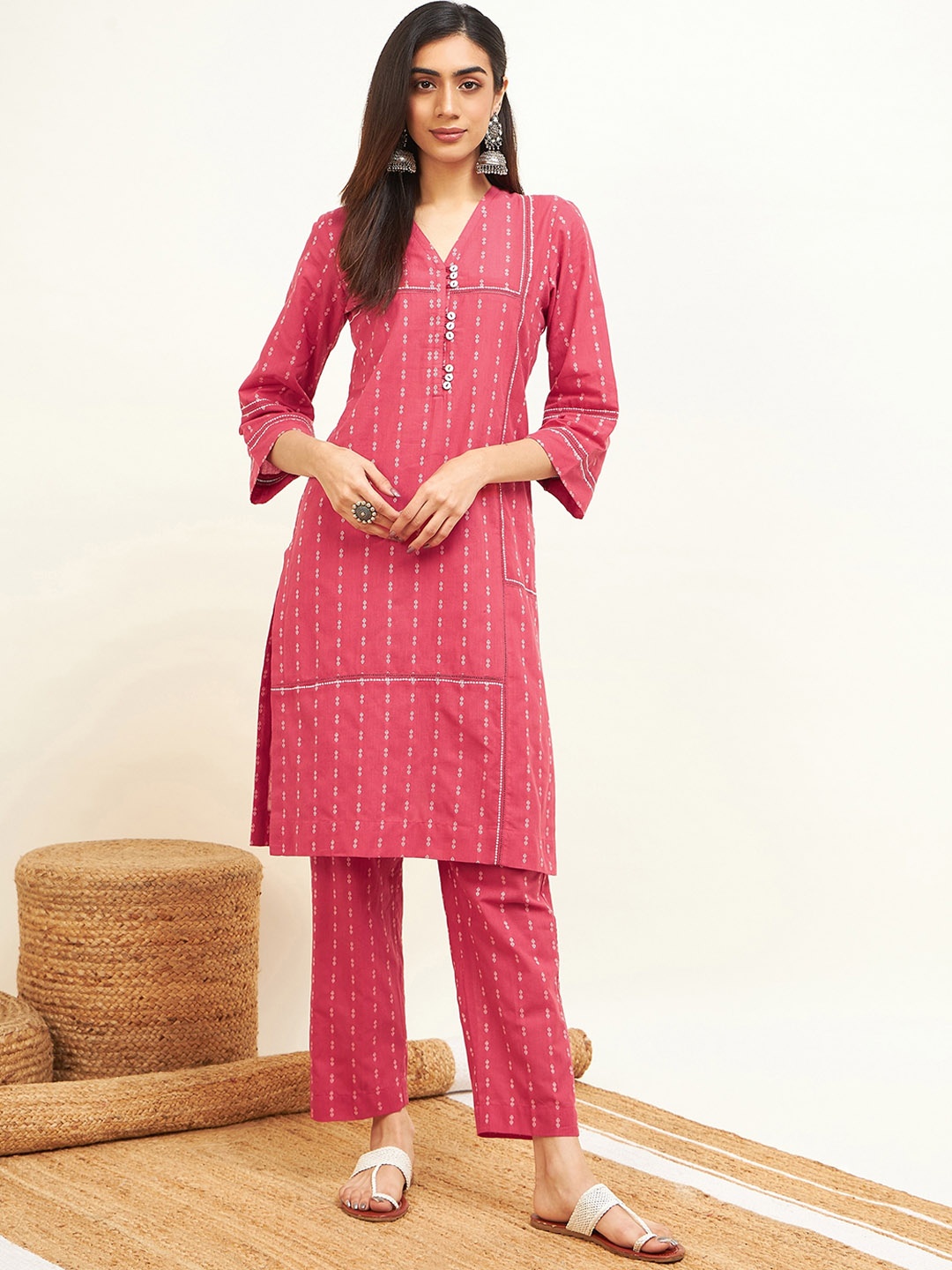 

STADO Ethnic Motifs Printed Pure Cotton Kurta with Trousers, Red