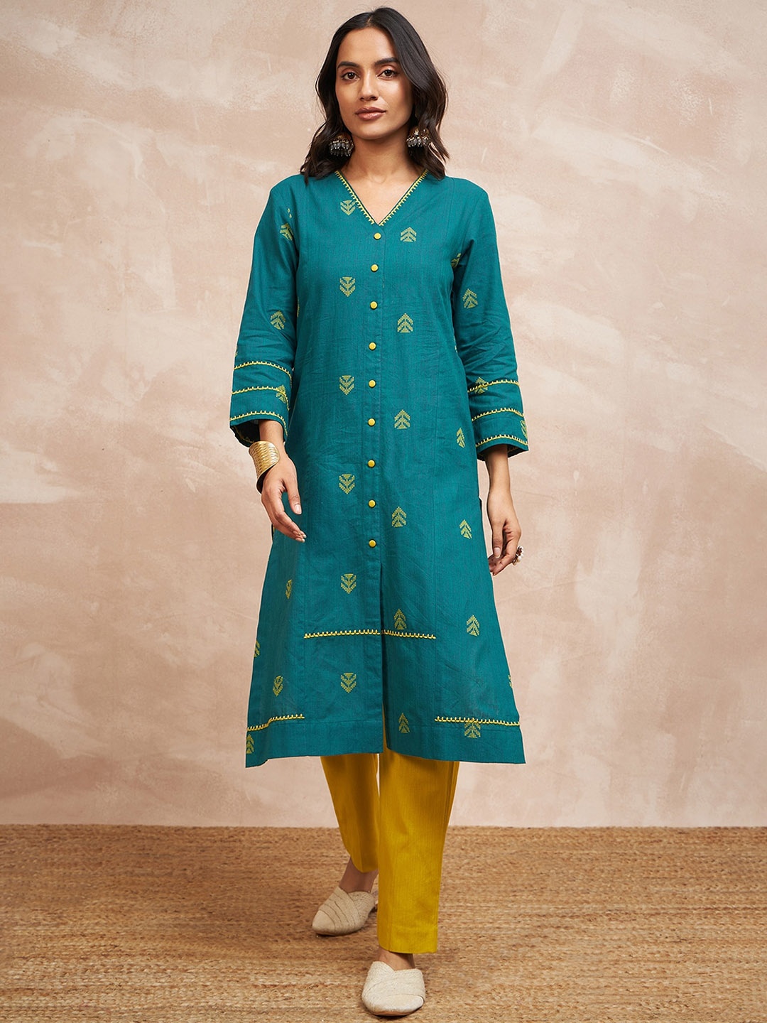 

STADO Woven Design Pure Cotton Kurta with Palazzos, Teal