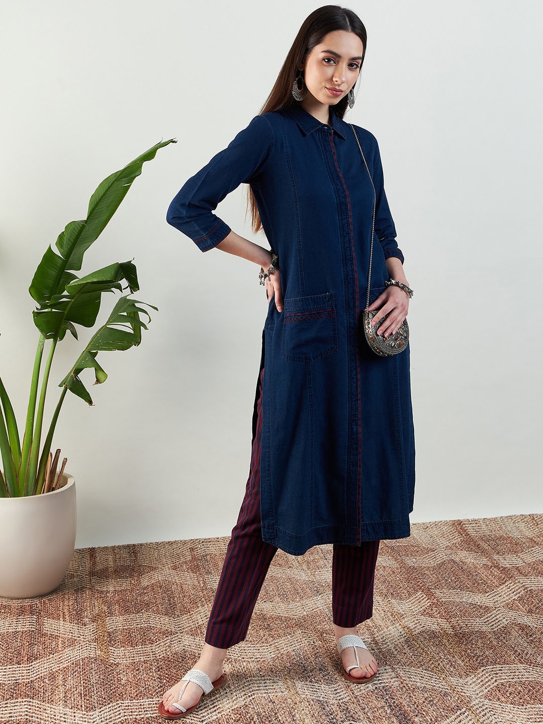 

STADO Shirt Collar Pure Cotton Kurta with Palazzos, Blue